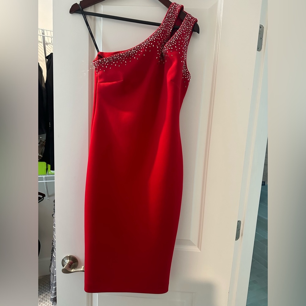 Calvin Klein Red One Shoulder embellished sheath dress  NWT